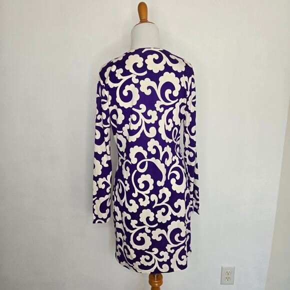 Diane von Furstenberg Reina Long Sleeve Dress Silk Purple Scroll Print Women 8 - Picture 3 of 12